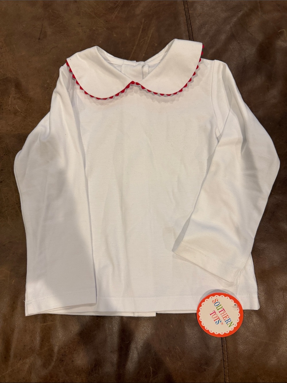 Southern Tots White Long-Sleeve Top with Red Trim Collar